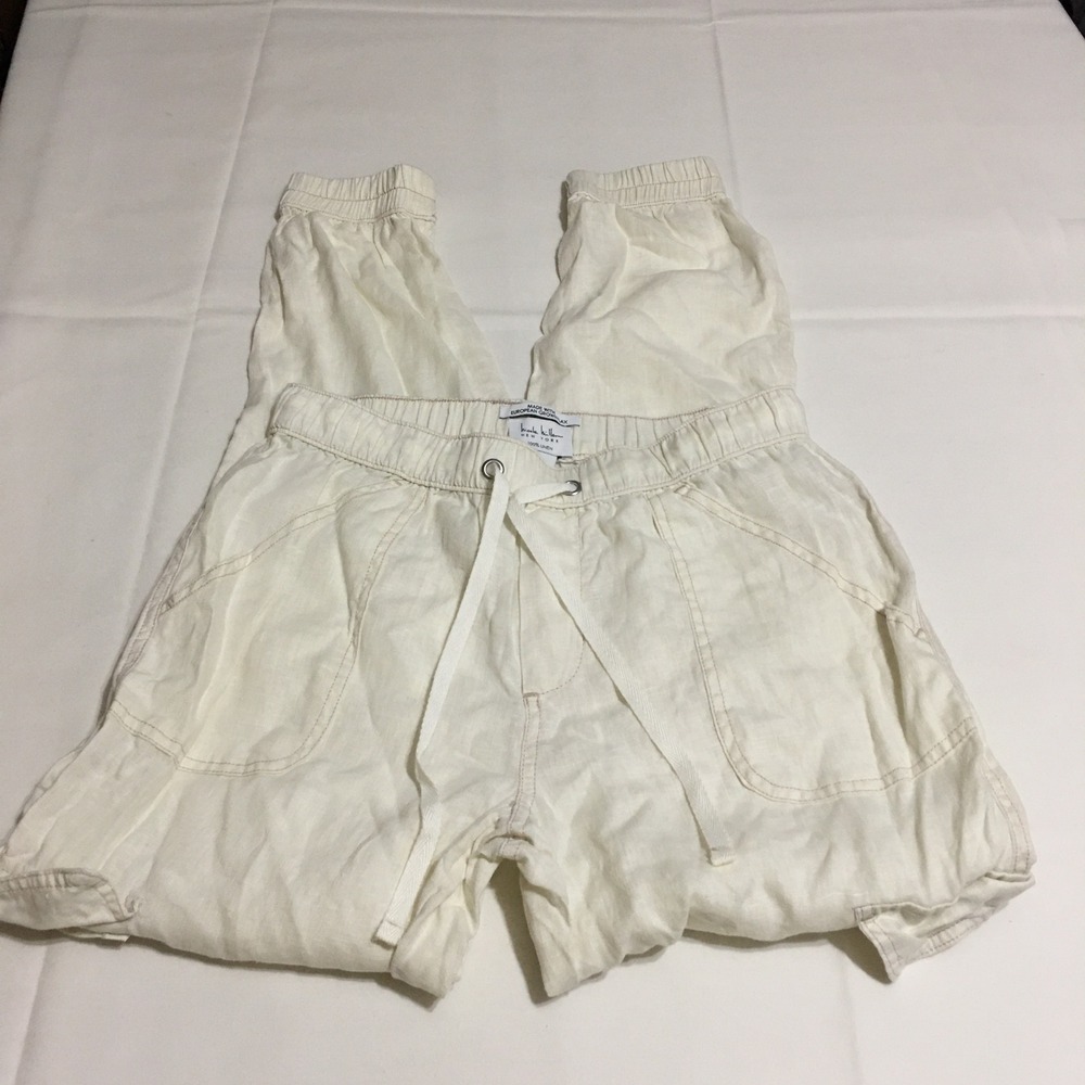 Nicole Miller Linen Joggers Women Small Ivory White Drawstring Pants
